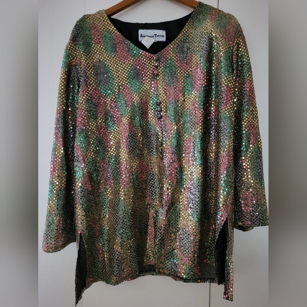 Another Thyme Multi Color Glitter/Sequin Party Button Up Shirt Sz 16